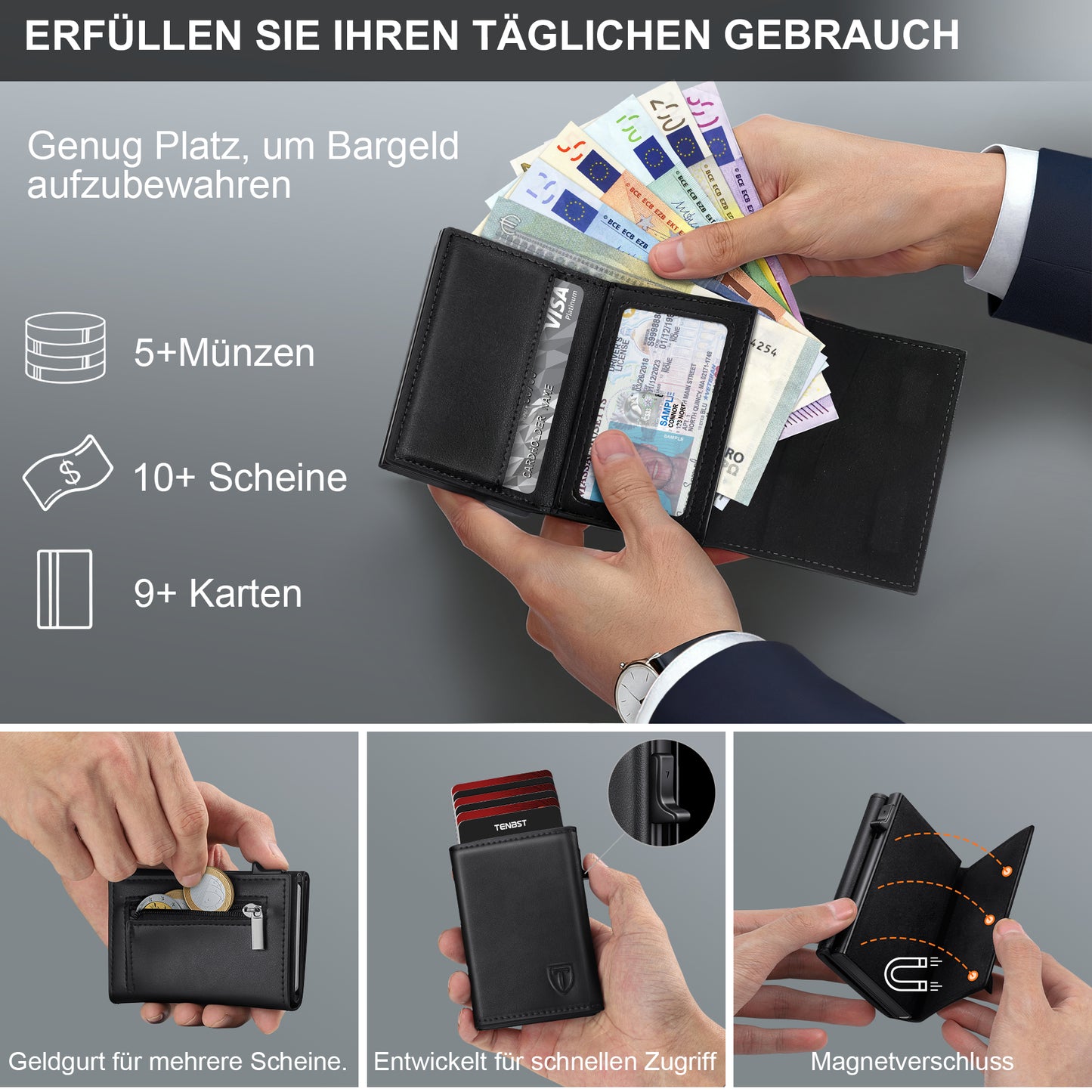 TENBST Geldbörse Herren, Slim Wallet Geldbeutel mit Münzfach & RFID Schutz, Leder Portmonee, 8 Fächer für Kreditkarten, Kartenetui Herren - Schwarz