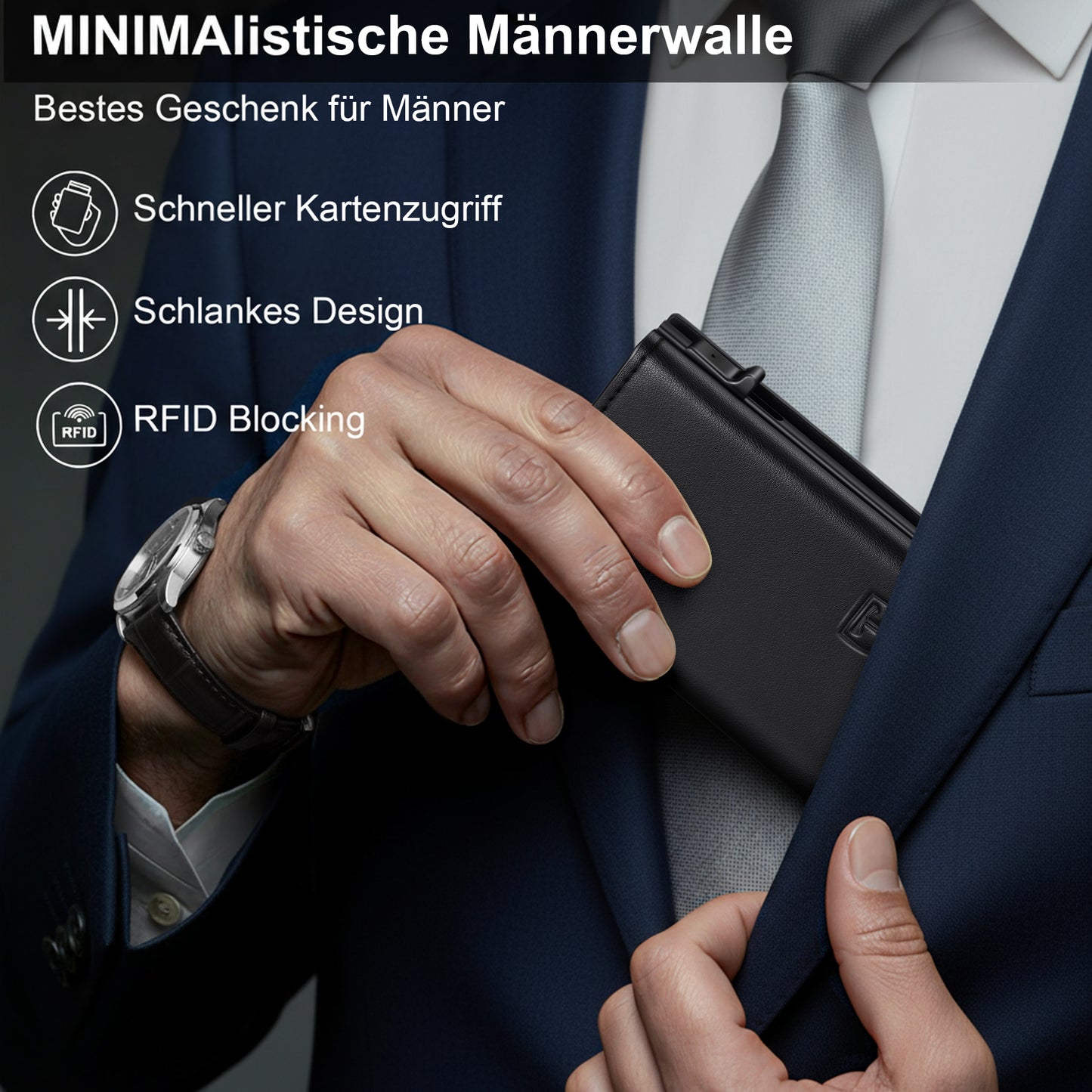 TENBST Geldbörse Herren, Slim Wallet Geldbeutel mit Münzfach & RFID Schutz, Leder Portmonee, 8 Fächer für Kreditkarten, Kartenetui Herren - Schwarz