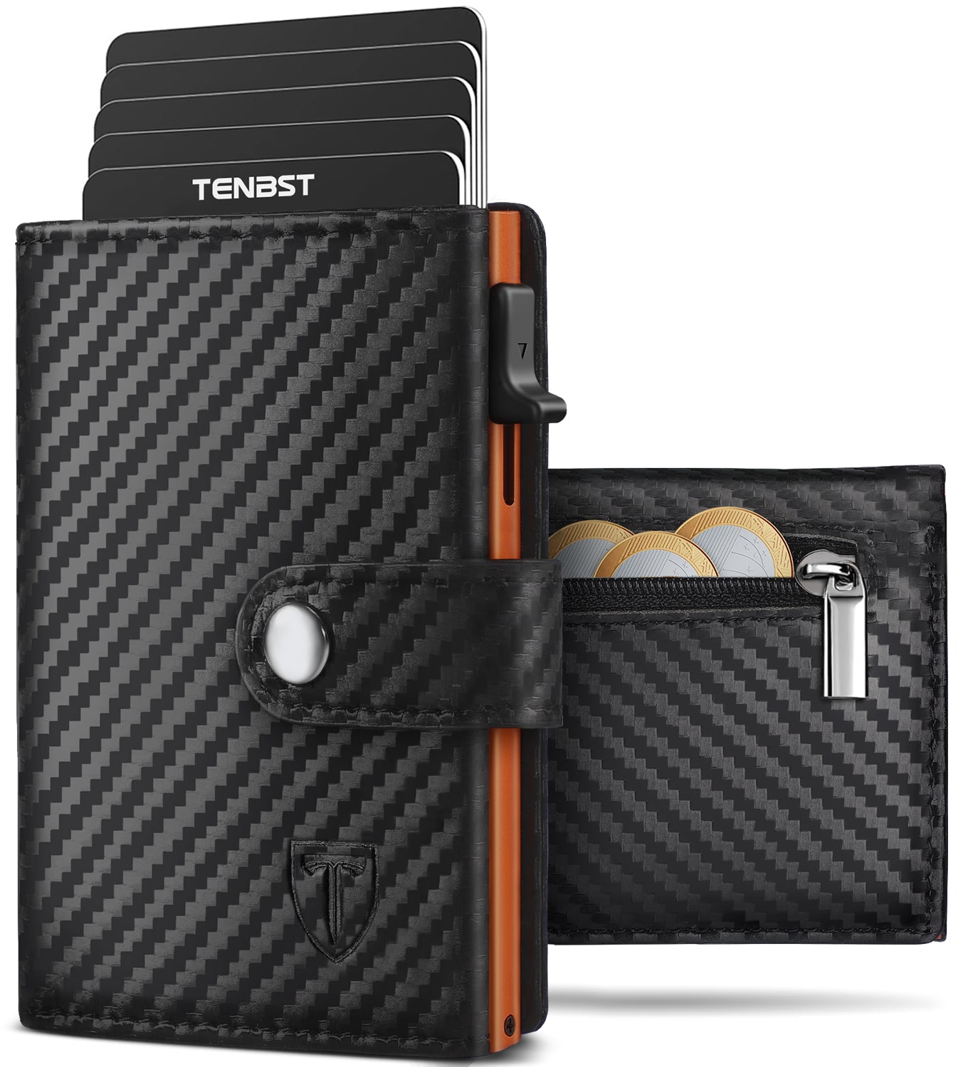 TENBST Geldbörse Herren mit Münzfach & RFID Schutz, Slim Wallet Kartenetui Klein, Portmonee Geldbeutel Herren, 10 Fächer für Kreditkarten Kreditkartenetui - Schwarz & Orange
