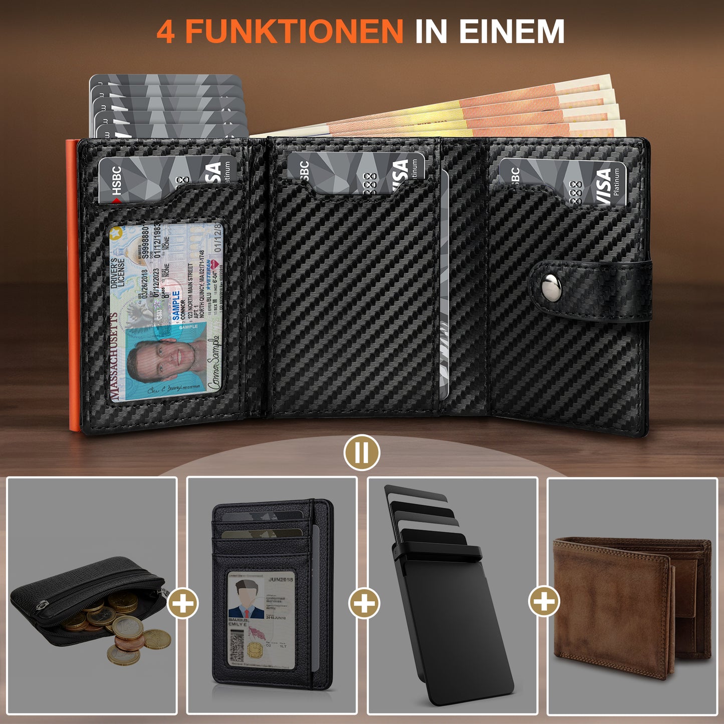 TENBST Geldbörse Herren mit Münzfach & RFID Schutz, Slim Wallet Kartenetui Klein, Portmonee Geldbeutel Herren, 10 Fächer für Kreditkarten Kreditkartenetui - Schwarz & Orange