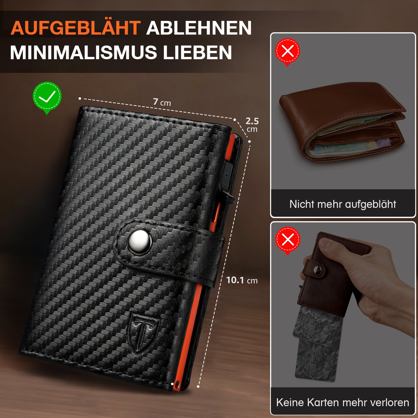 TENBST Geldbörse Herren mit Münzfach & RFID Schutz, Slim Wallet Kartenetui Klein, Portmonee Geldbeutel Herren, 10 Fächer für Kreditkarten Kreditkartenetui - Schwarz & Orange