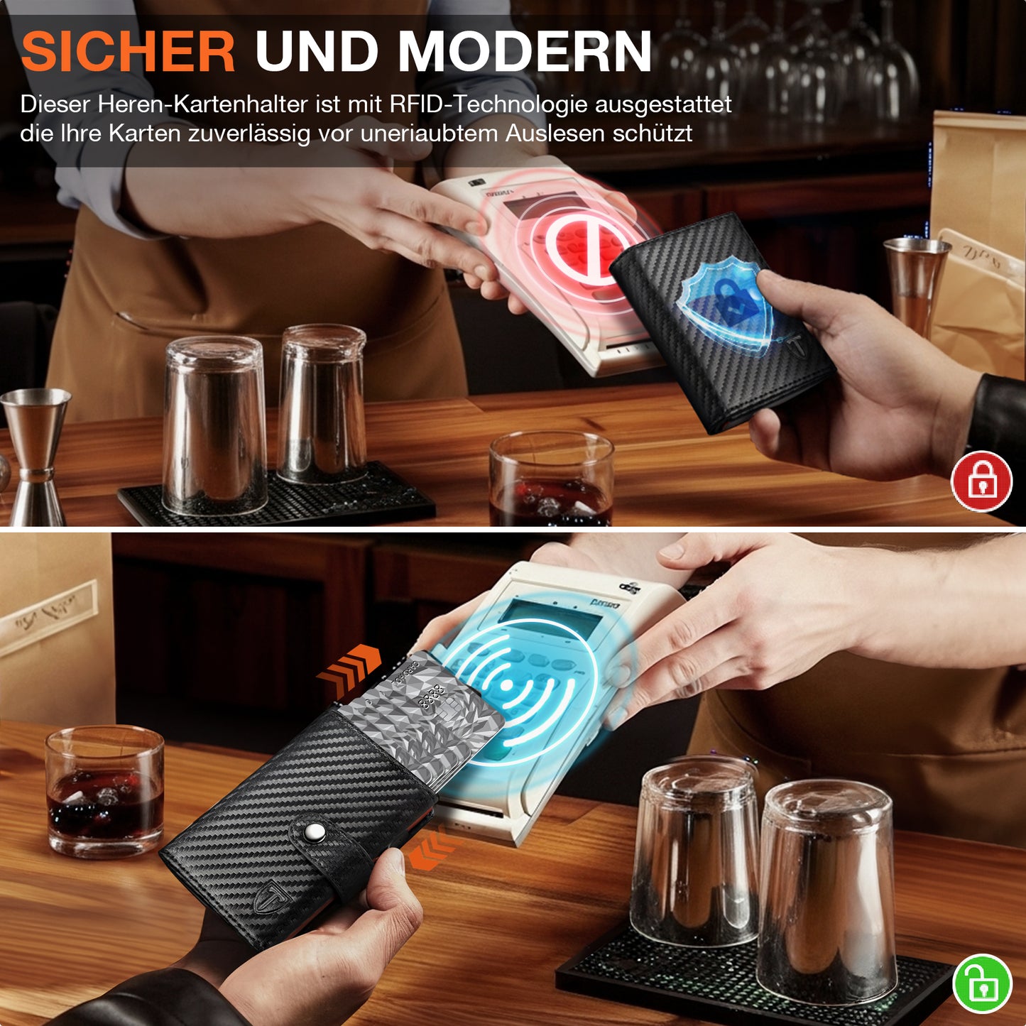 TENBST Geldbörse Herren mit Münzfach & RFID Schutz, Slim Wallet Kartenetui Klein, Portmonee Geldbeutel Herren, 10 Fächer für Kreditkarten Kreditkartenetui - Schwarz & Orange